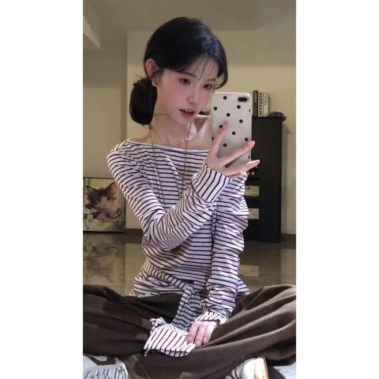 MARIE.COCO减龄穿搭撞色条纹绑带收腰长袖T恤显瘦牛仔裤秋季套装