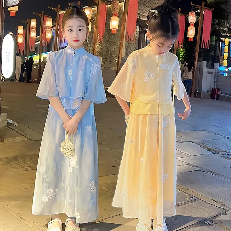 新中式女童套装夏装儿童古风绣花中袖上衣阔腿裤汉服两件套装