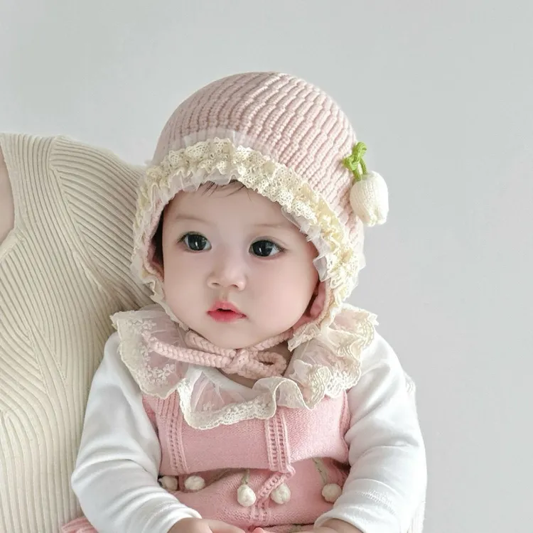 婴儿帽子秋冬季小月龄宝宝针织护耳帽女童可爱甜美婴幼儿毛线帽萌