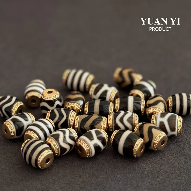 8x11镀24K 金镶钻虎牙一线天珠玛瑙达洛隔珠金盾配珠手串108配饰