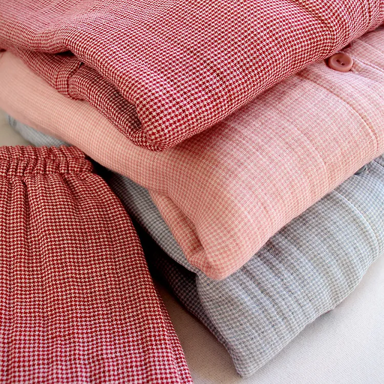 高档加厚纯棉纱布睡衣女四层棉纱秋冬家居服格子简约套装全棉宽松