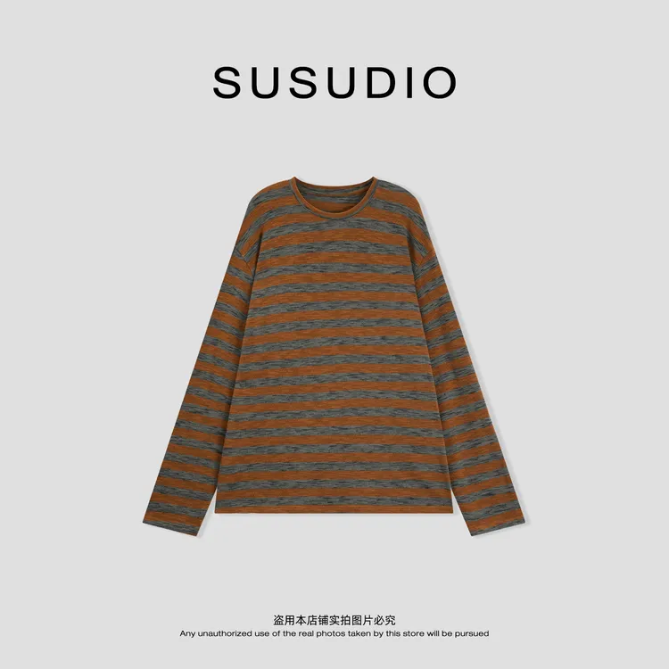 SUSUDIO 复古色彩 柔软舒适撞色条纹薄款宽松叠穿内搭T恤 10660