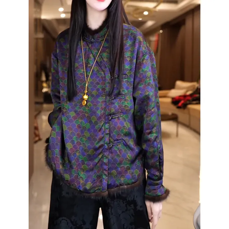 中式复古国风印花盘扣夹棉衬衫2025秋冬新款高级轻奢宽松保暖上衣