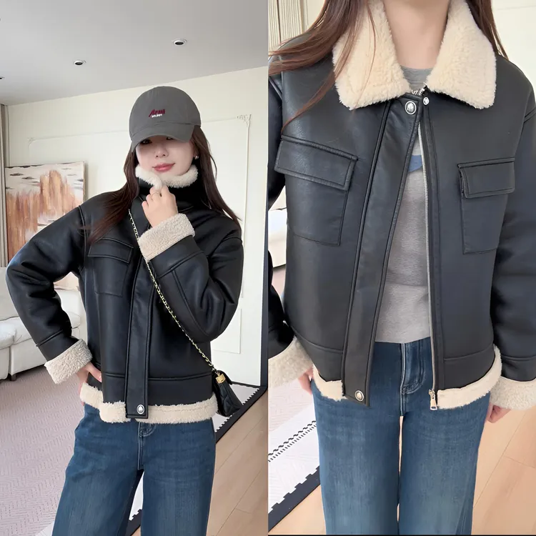 【余欢欢】冬季百搭简约保暖羊羔毛翻领皮衣外套-YHW51113
