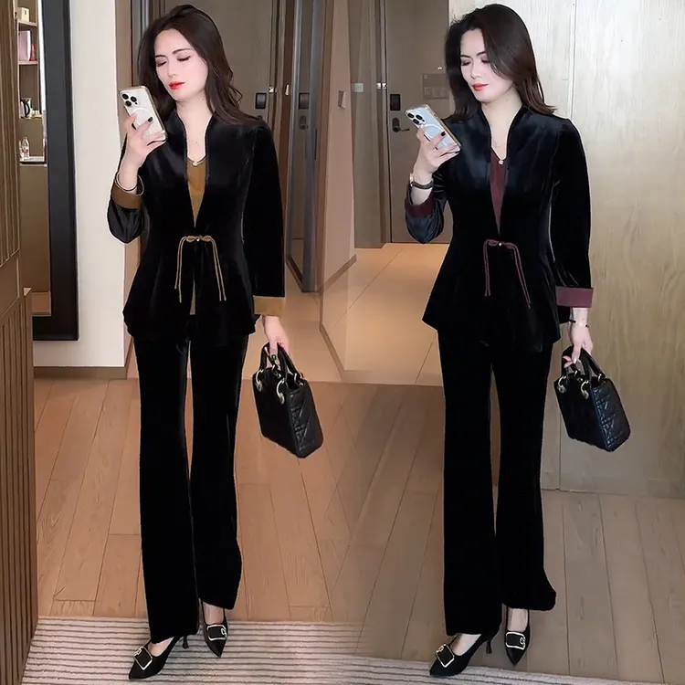 新中式时尚套装女2025春季新款洋气减龄丝绒收腰上衣微喇裤三件套