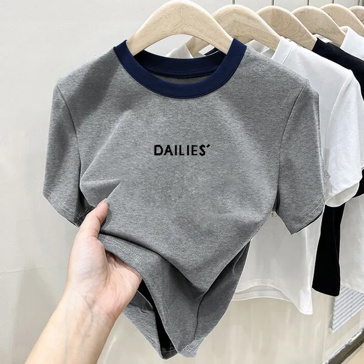 2025新款正肩纯棉短袖t恤女ins休闲百搭插色洋气撞色灰色上衣夏季