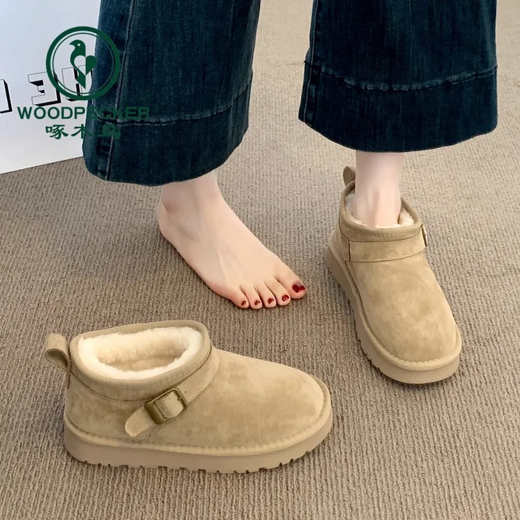 啄木鸟厚底皮毛一体雪地靴女冬2025新款加绒短筒棉靴东北雪地棉鞋