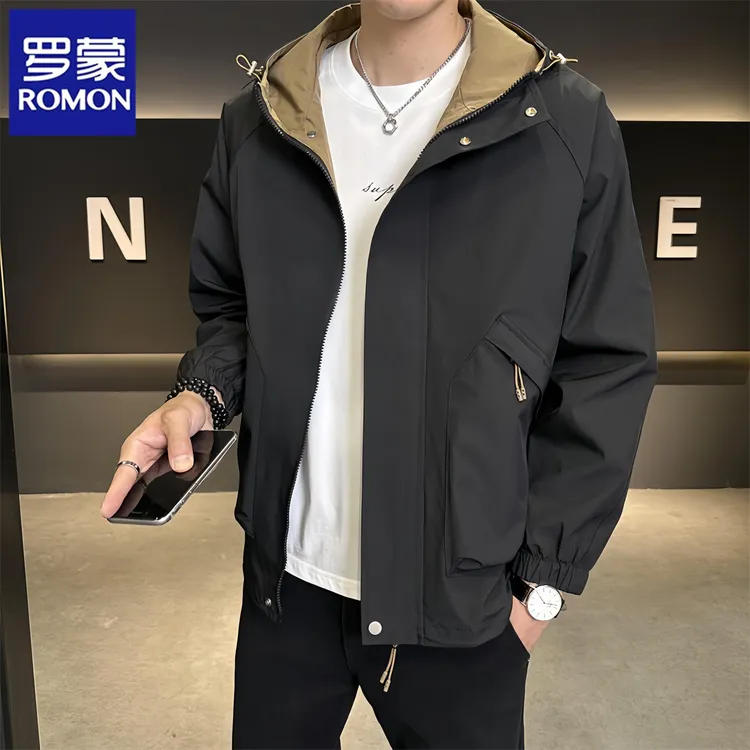 罗蒙春秋季时尚百搭夹克男士休闲宽松工装连帽冲锋潮流外套上衣服