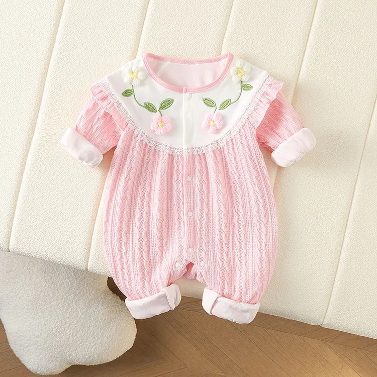春秋女宝甜美针织花朵哈衣儿童洋气可爱双层婴儿长袖连体衣秋季