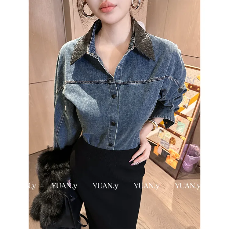 媛媛【博主私服】新款拼皮翻领复古收腰复古时尚牛仔外套女#CS0104