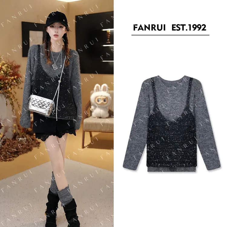 FANRUI/泛芮「贝贝biuu」羊毛细闪马甲两件套轻奢洋气针织衫B18365