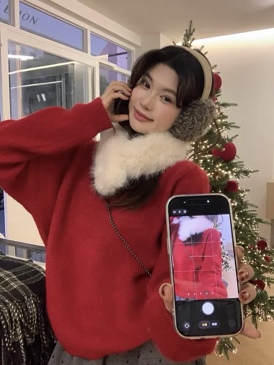 韩系甜美风软糯兔毛绒套头毛衣女秋冬新款毛绒围脖慵懒保暖上衣