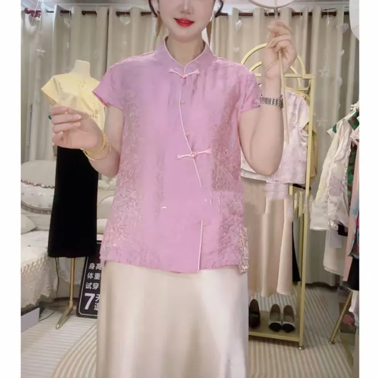 新中式国风立领斜襟上衣女夏季新款短袖T恤开衫女小衫