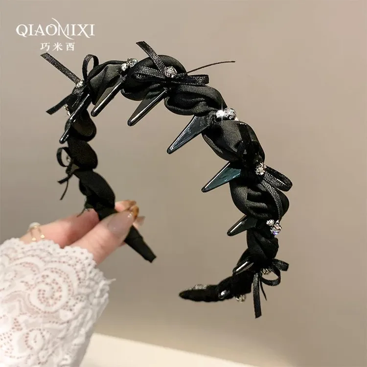 2025新款高颅顶黑色水钻蝴蝶结头箍带齿防滑压发卡洋气压发捆发箍