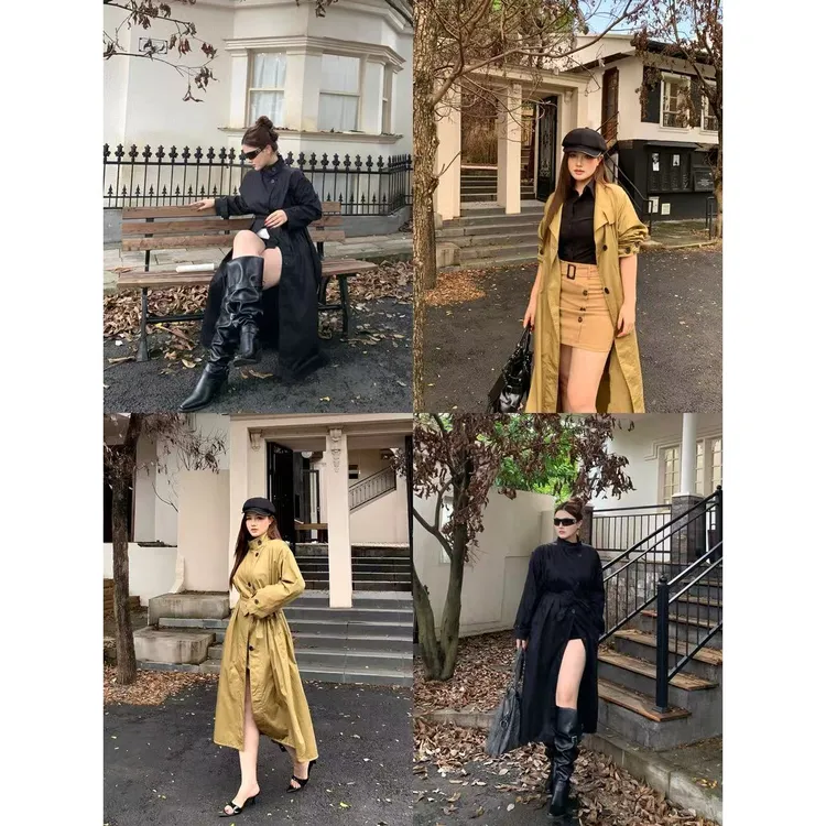 Bear Chili秋季新款高级感气质双扣风衣女复古卡其色收腰大衣外套