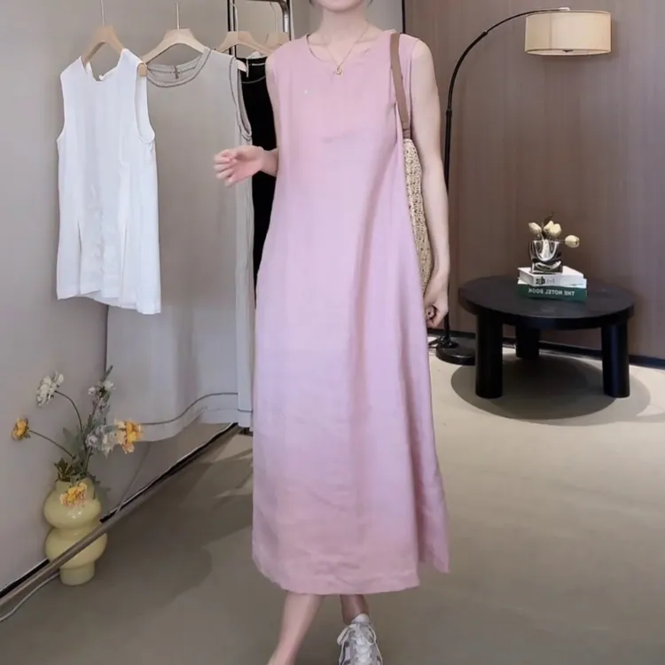 粉色气质宽松无袖连衣裙子女夏季2025新款法式显瘦中长款背心裙子