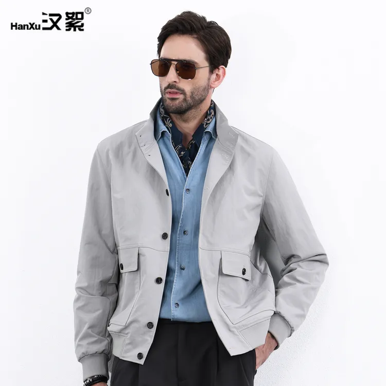 汉絮英伦绅士复古工装夹克男士秋季四面弹休闲通勤纯色立领外套男