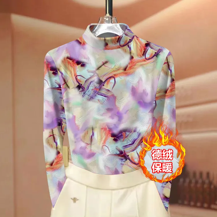 高档女装减龄秋冬德绒半高领打底衫保暖上衣时尚气质印花长袖t恤