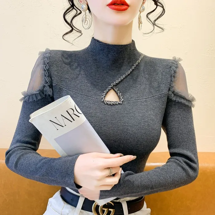 性感镂空钉珠半高领毛衣女秋冬季修身时尚网纱拼接显瘦长袖针织衫