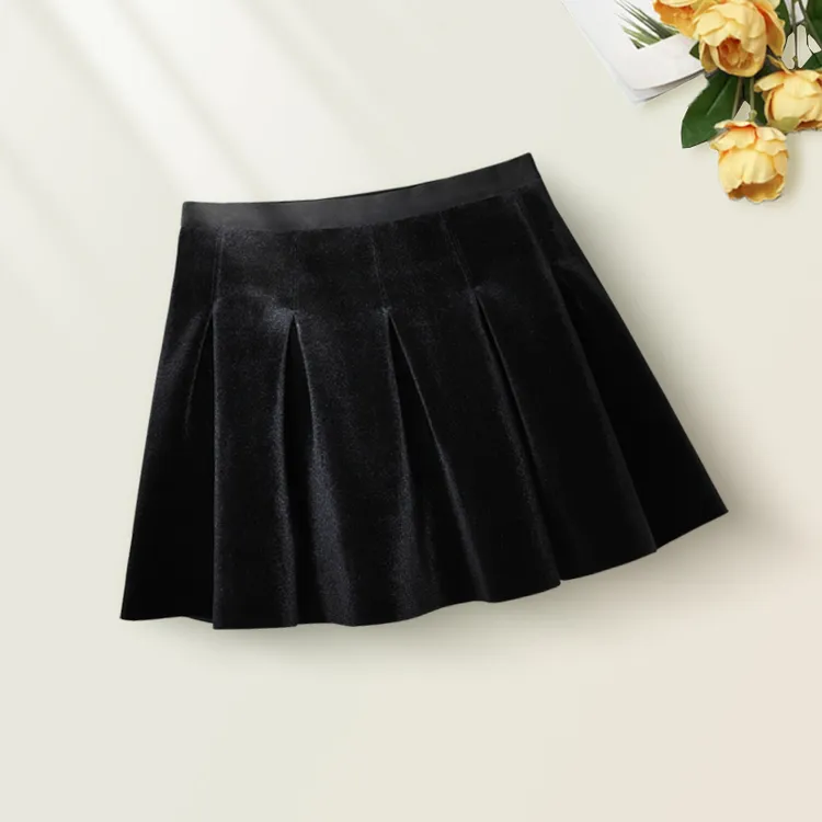 流光风松紧腰丝绒短裙女秋冬新款a字辣妹百搭显瘦垂感百褶半身裙