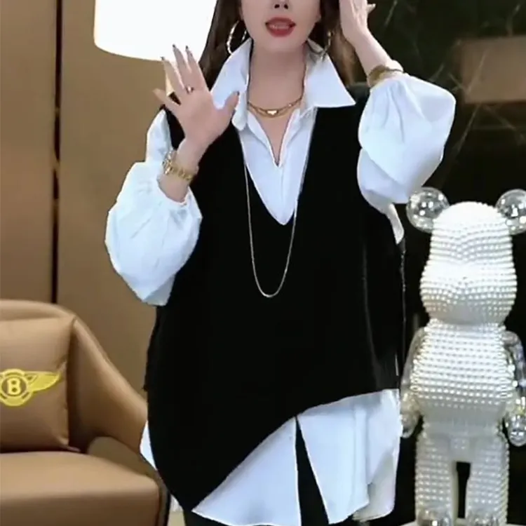 春秋欧货时尚设计感减龄V领针织马甲女休闲宽气质松衬衫两件套装