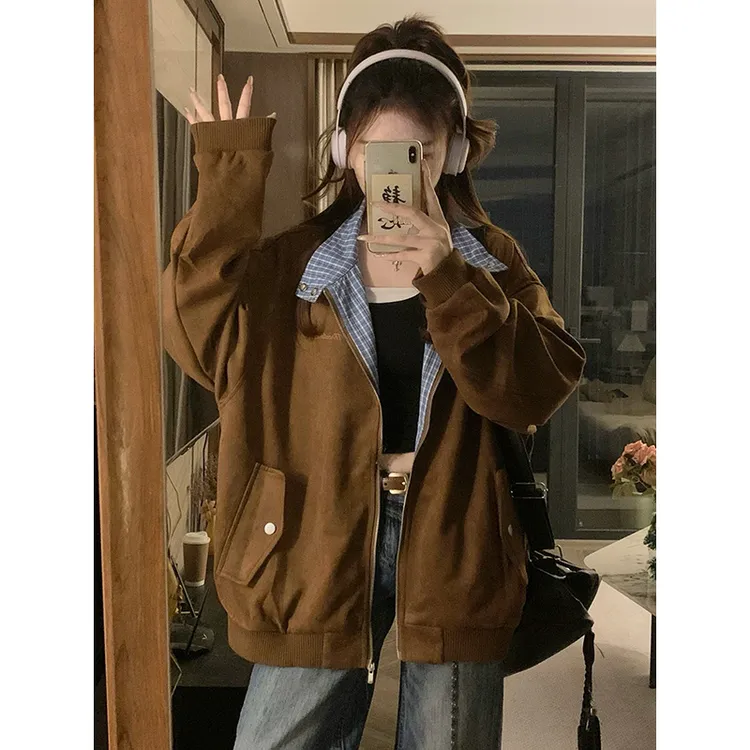 麂皮绒棒球服外套女款春秋季2025新款美式复古格子拼接夹克ins潮