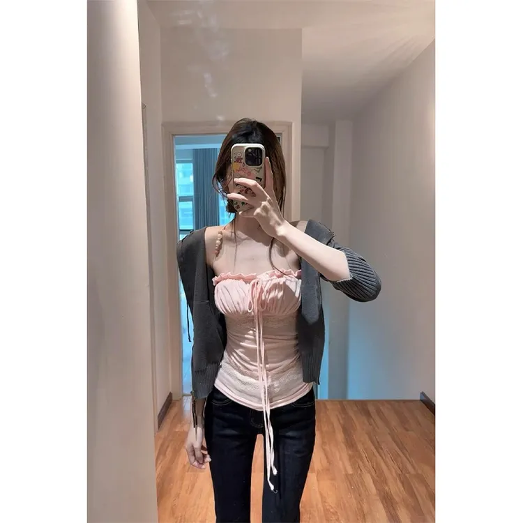 2025新款法式气质纯欲性感淡粉色串珠肩带蕾丝拼接醋酸吊带上衣女
