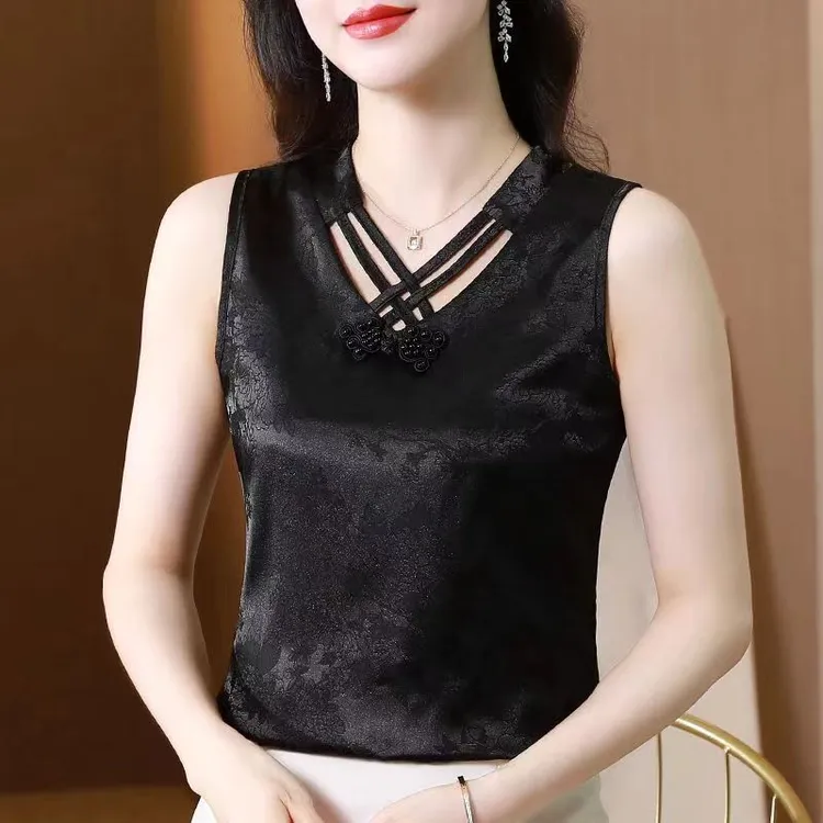 新中式国风吊带背心女外穿夏大码显瘦缎面提花打底衫v领内搭上衣