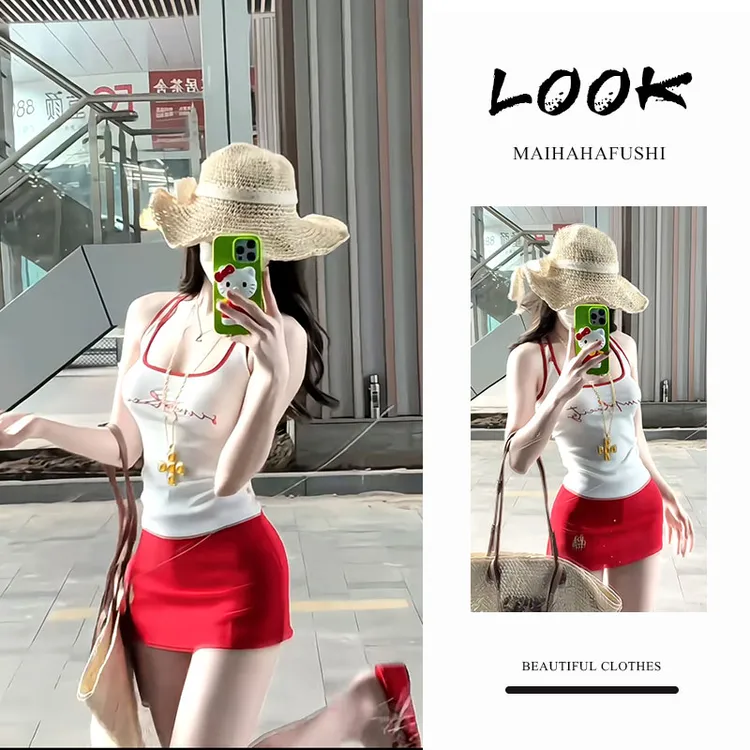 夏季一整套女装2025新款韩版辣妹百搭显瘦吊带背心包臀短裙两件套