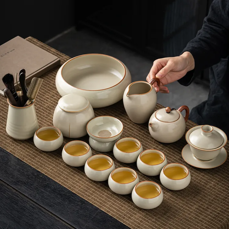 米黄汝窑功夫茶具套装陶瓷茶壶三才盖碗茶杯高档家用简约喝茶日式