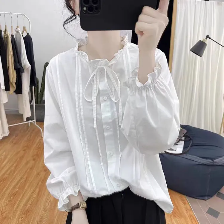 （正版）春秋荷叶领系带纯棉荷叶袖长袖衬衫女式减龄上衣2025新款