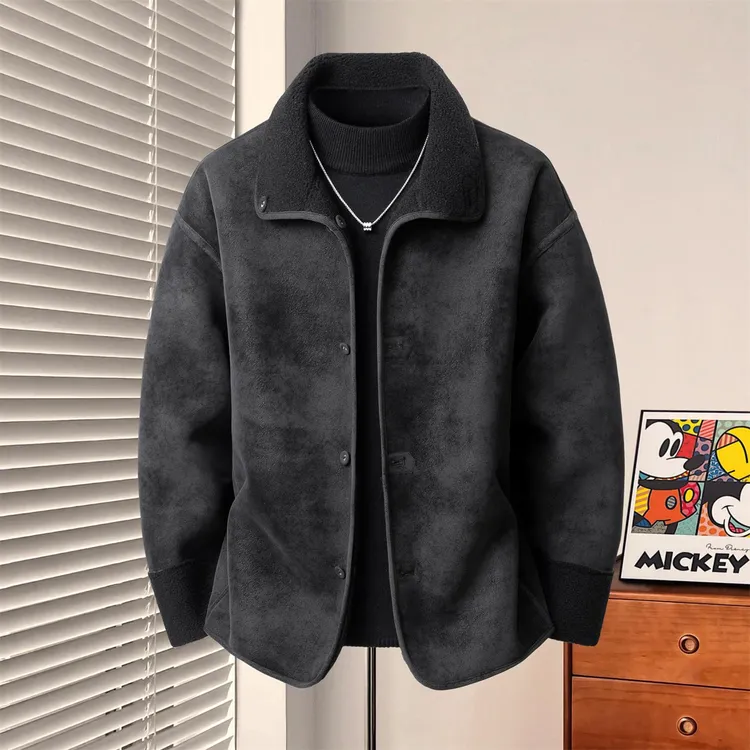 韩版男士加绒加厚纯色外套冬季男士百搭耐磨保暖翻领棉衣毛呢棉服