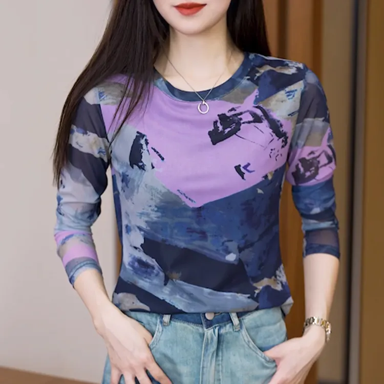 显瘦撞色2025打底长袖T恤网纱薄款休闲百搭圆领2025炸街潮牌t恤女