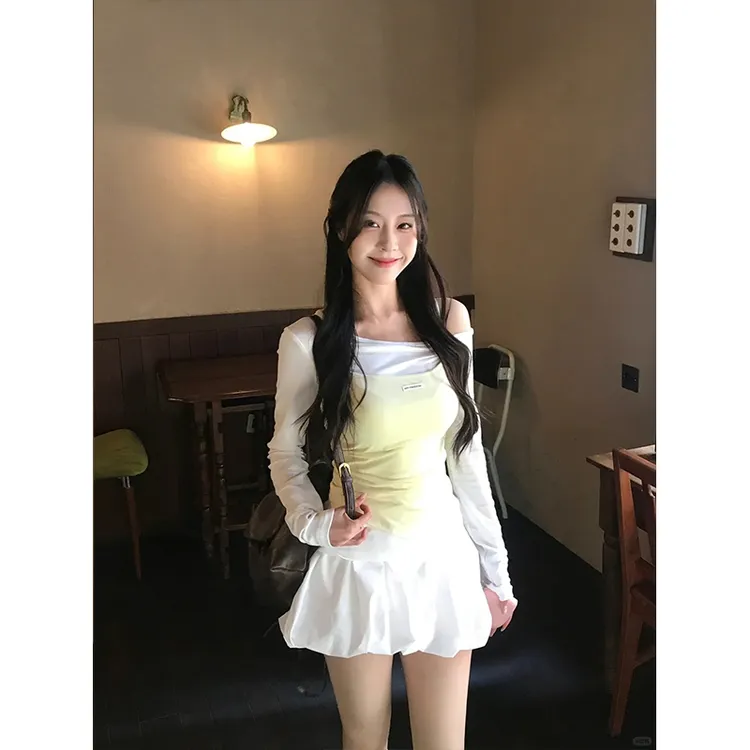 纯欲辣妹套装女2025春夏新款少女叠穿斜肩吊带背心T恤高腰花苞裙