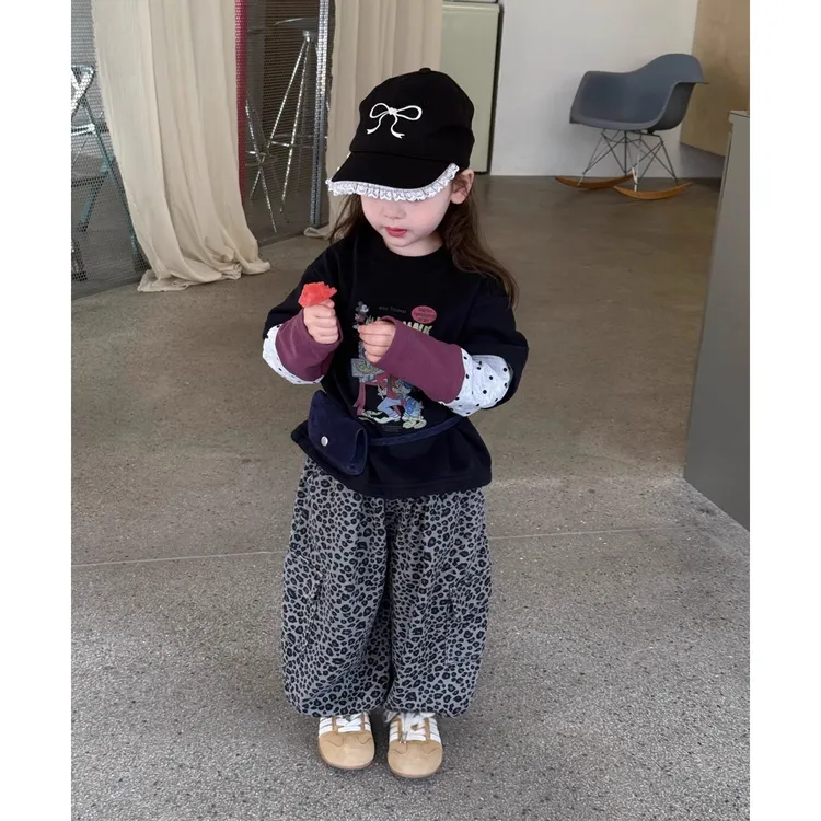女童韩版假两件长袖T恤豹纹休闲裤套装2025秋季儿童长裤秋季童装