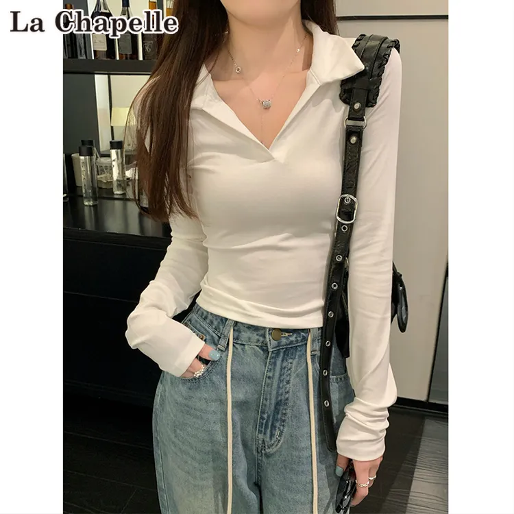 拉夏贝尔韩版修身polo领纯棉T恤女秋季收腰内搭长袖打底衫上衣