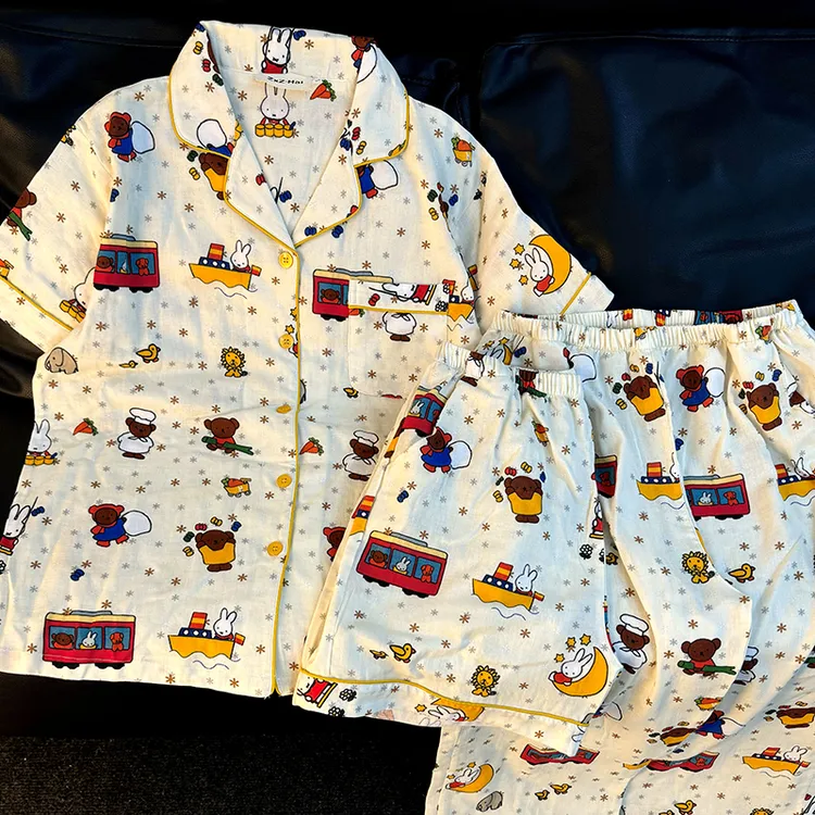 侘町2025年新款雪花米菲短袖三件套睡衣女夏天纯棉家居服套装夏季