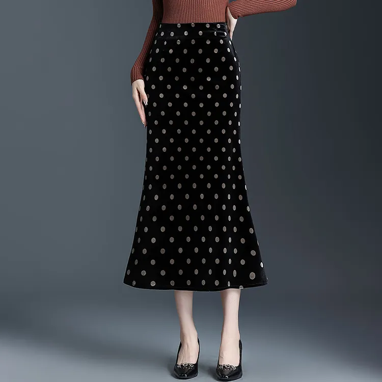 醋酸金丝绒波点鱼尾裙半身裙女秋冬季高腰包臀裙中长款修身一步裙