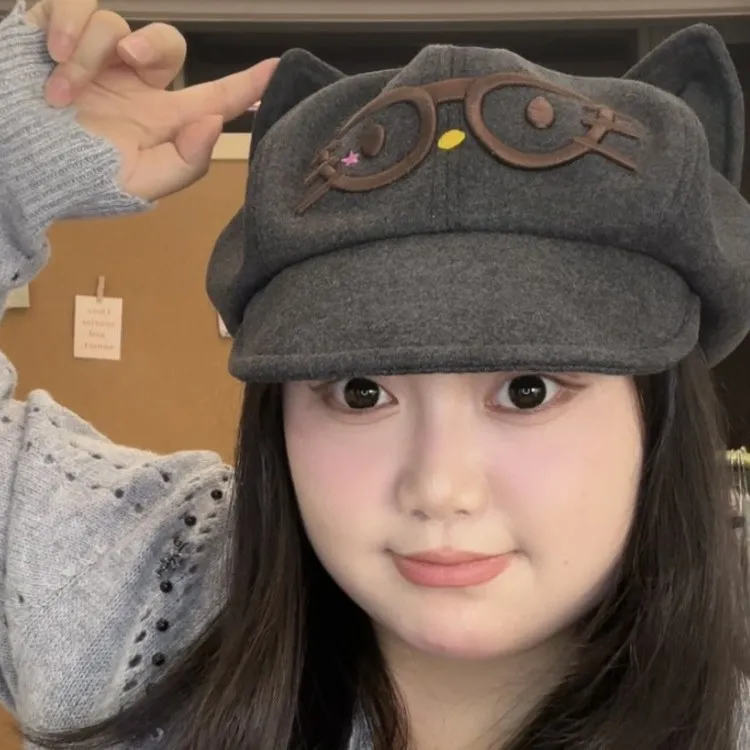 日系可爱卡通猫咪耳朵八角帽女秋冬新款一帽四戴贝雷帽休闲画家帽