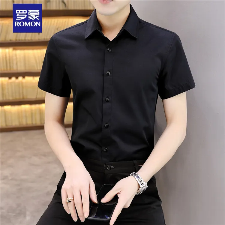 罗蒙短袖衬衫男士夏季薄款休闲商务正装衬衣男纯色白衬衣男正装