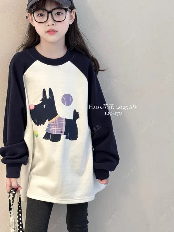 2025冬款K彩色小狗撞色插肩印花套头加绒加厚圆领卫衣印花25797-1