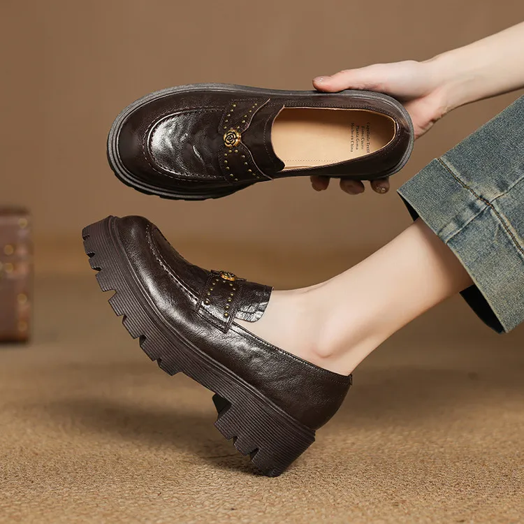 头层羊皮4.5cm～山茶花复古厚底粗跟单鞋女新款乐福鞋百搭圆头中跟