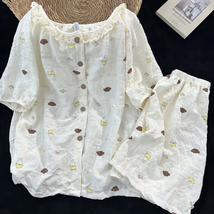 米菲兔甜美夏季圆领开衫带胸垫软萌可爱学生女孩花边家居服套装