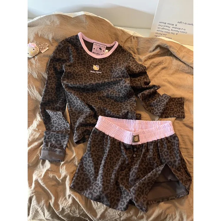 甜酷豹纹黑皮长袖短裤睡衣女2025春秋新款大码家居服两件套可外穿