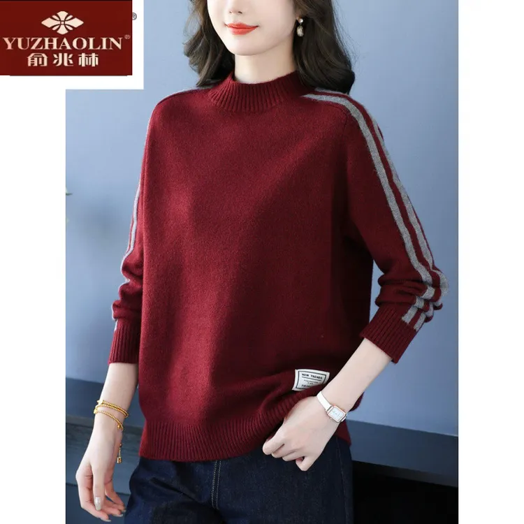 俞兆林2025年秋冬新款半高领条纹拼接毛衣女宽松针织衫时