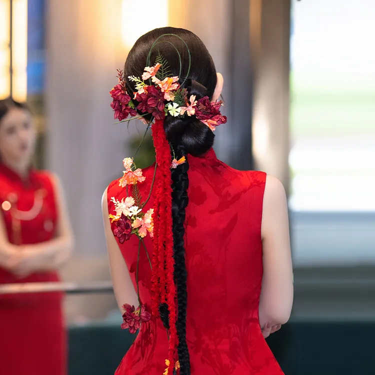 合金布艺婚庆饰品 新中式新娘发饰长条红色系国风旗袍头饰MC3017