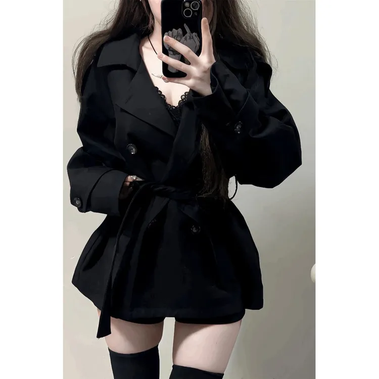 2025新品纯欲风双排扣风衣女秋冬季新款黑色系带收腰显瘦短款外套