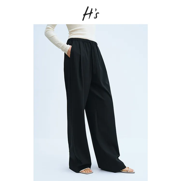【25SS】HS裤子女25夏新款立体垂感抽绳松紧带基础西装直筒休闲裤