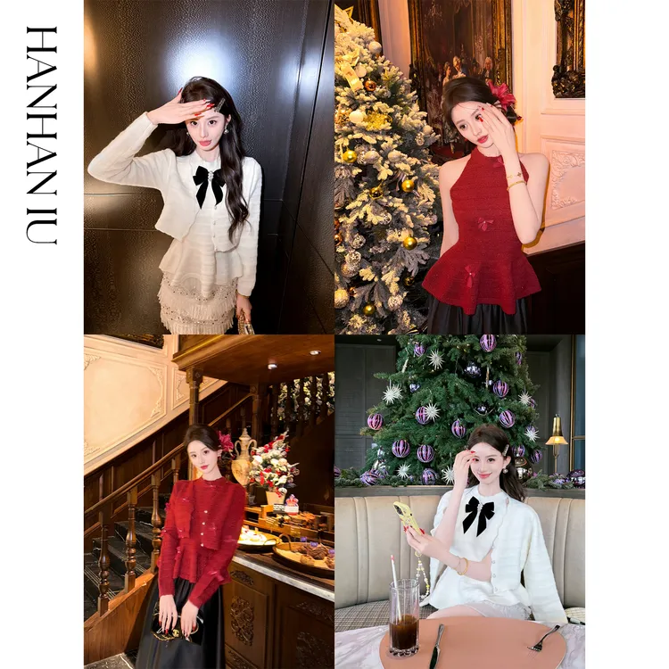 韩韩IU【圣诞情结】精致时尚优雅气质挂脖挖肩背心&V领短款开衫套装