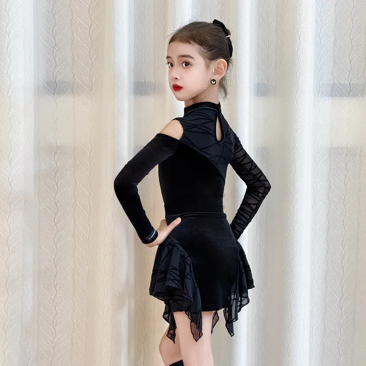 歌瑞亚拉丁舞服女童新款秋植绒套装儿童恰恰拉丁训练功表演服